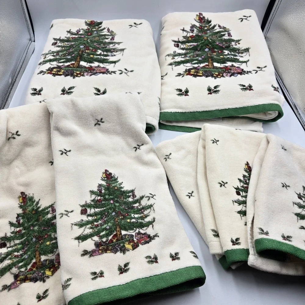 Vintage Spode Christmas Tree Decor Towel Set Of 7 Avanti Linens 100% Cotton‎